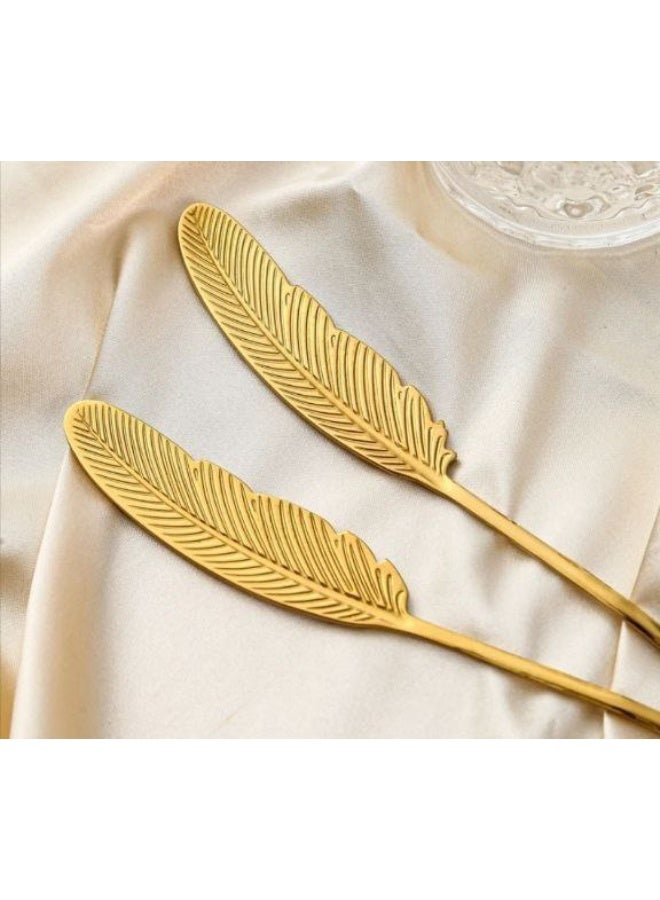 طقم شوك حلويات أنيق من الفولاذ المقاوم للصدأ بتصميم مستوحى من الريش الذهبي، 6 قطع، شوك تقديم أنيقة للحلويات والكيك والفواكه، إكسسوارات طاولة عصرية - Image 3